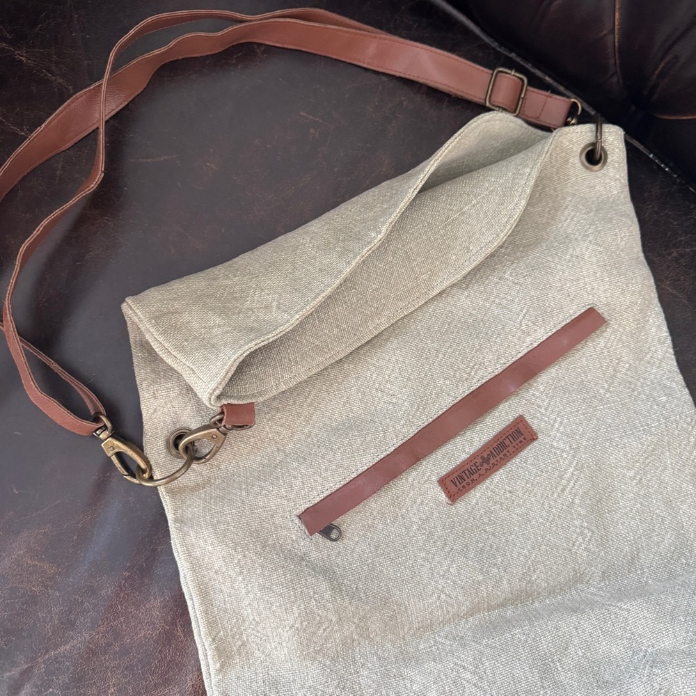 Vintage Addiction foldover crossbody Ash Grey & Jute messenger bag Leather Trim - Picture 2 of 8